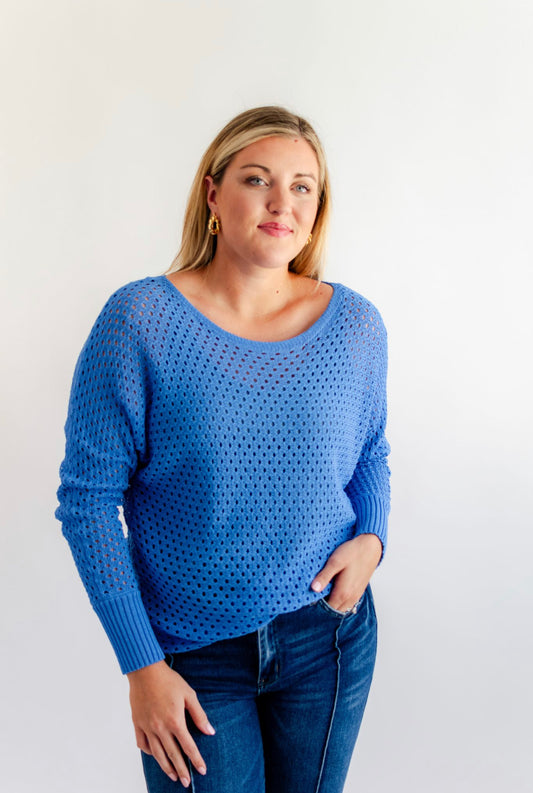 Eyelet Knit Sweater- Blue Peri