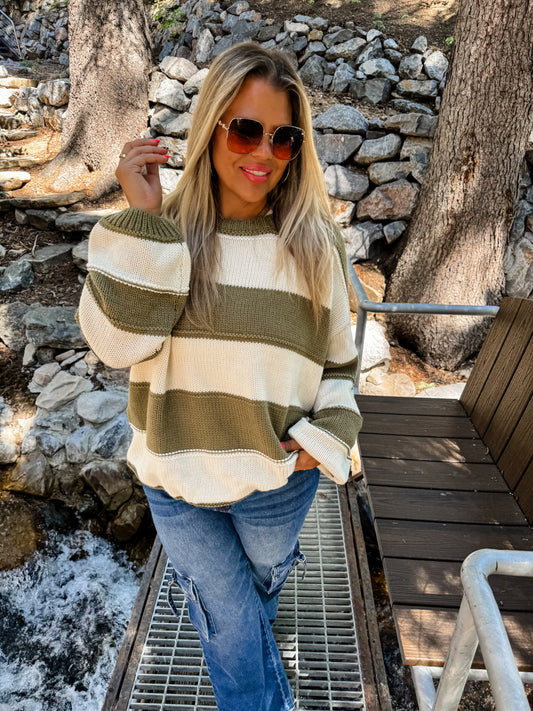 Kadie Striped Sweater- Olive