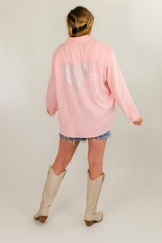 Embroidered Jewel Shirt- Pink Heart